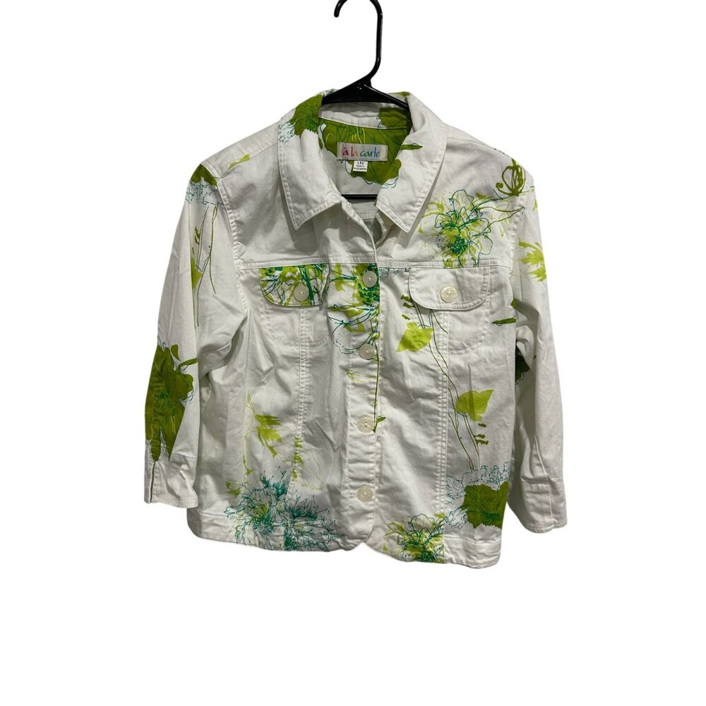 A La Carte Floral Button Up Shirt White Green Sz Large 3/4 Sleeve Bohemian